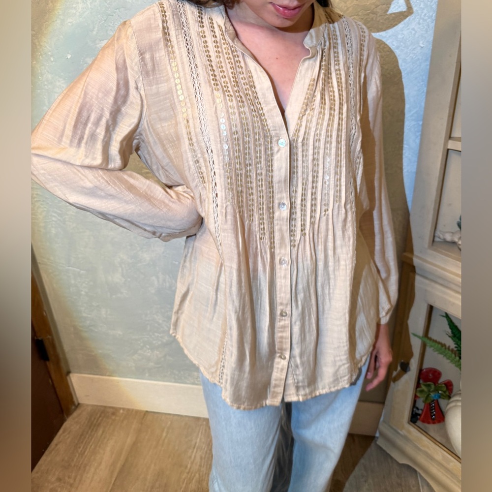 Chico's.. Wheat- colored Button Down Shirt with Mandarin Collar